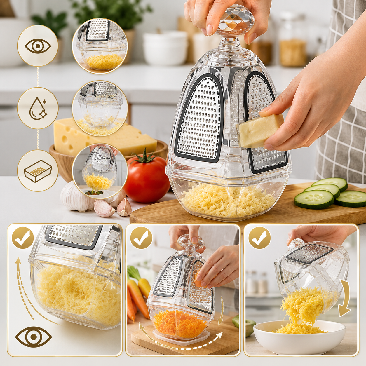 Transparent kitchen grater showing visible collection, rotation and easy pouring