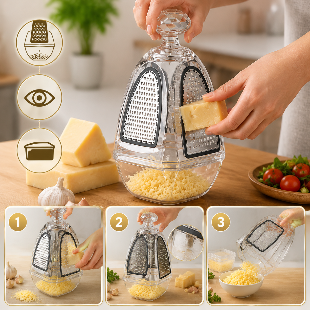 Transparent Acrylic Kitchen Grater with Stainless Steel Blades & Built-In Collection Container
